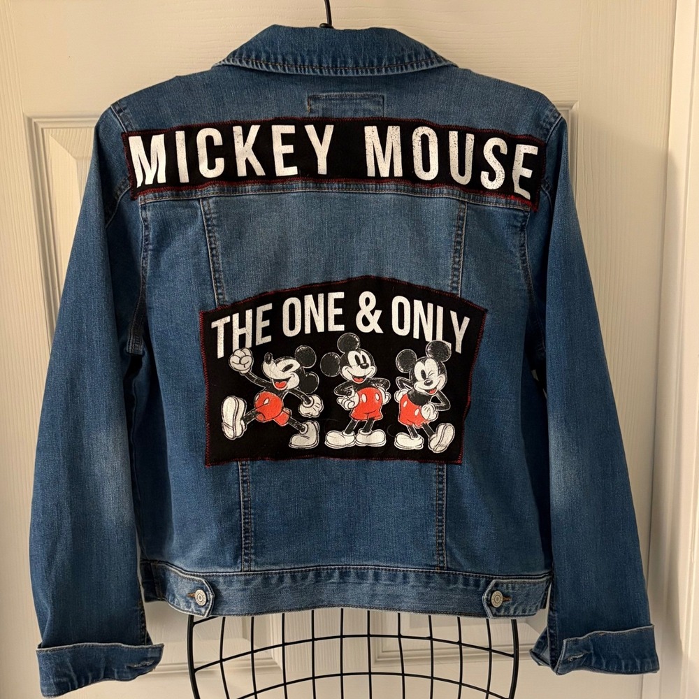 Mudd Women's Large Mickey Mouse Patched Denim Jacket Custom Streetwear
